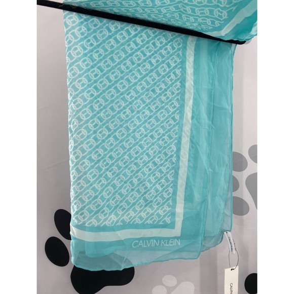 Calvin Klein NWT Chain Print Chiffon Oblong Scarf Border Aquatic Blue OS New - Picture 4 of 9